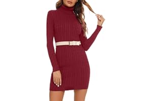 ENJYAM Damska sukienka z golfem prążkowanym z dzianiny mini seksowna obcisła sukienka z długim rękawem elegancki sweter damski na zimę wąski krój elastyczny sweter