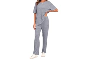 Famulily Ribbed Clothes Sets for Women Oversized Short Sleeve Tops and Wide Leg Trousers with Pockets, 2 Piece Outfits Tracksuits Loungewear Sleepwear