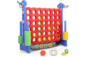 CUPCHID Gaint 4 in a Row, 3 Adjustable Heights (90cm-125cm), Indoor and Outdoor Connect Four Family Game with Basketball Hoop, 42 Giant Rings and 4-in-1 Set for Kids, Family Fun