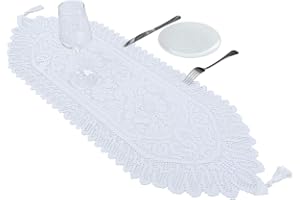 mookaitedecor 13x35 Inch White Lace Table Runner for Wedding Festival Party Christmas Table Centrepiece Home Desk Decor, Vintage Elegant Floral Small Coffee Dressing Table Runner with Tassels