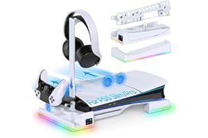 AUARTE Support Horizontal RGB pour Console PS5 Slim/Pro avec Chargeur de 2 Manettes, Ventilateur de Refroidissement Silencieux Accessories pour Playstation 5 Slim/Pro avec Support pour Casque d'écoute