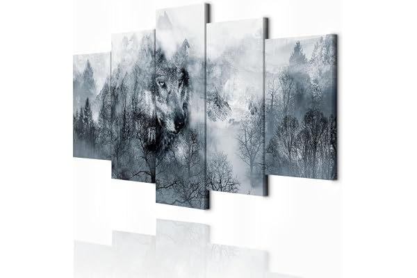 decomonkey - Impression sur Toile Montagnes Animau 200x100 5 Pièces - Tableau Décoration Appartement Cadre en Bois Déco Salon Peinture sur Toile Maison Des arbres montagnes forêt loups animaux