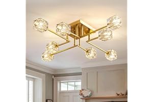 ‎JUJUQI JUJUQI Modern Kistall Semi-Flush Ceiling Light Living Room, 8 Lights, Gold Crystal Chandelier, Semi-Flush Crystal Chandelier, Luxury Ceiling Light for Bedroom, Dining Room