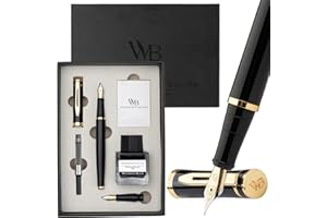 Wordsworth & Black Set di Penne Stilografiche, Pennino Medio e Extra Fine 18K Oro, Bottiglia Inchiostro Nero 25ML, 6 Cartucce, Convertitore, Confezione Regalo – [Nero Oro], Set per Uomini e Donne.