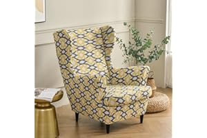 Highdi Funda de Sillón Orejero Elástica 2-Piezas, Moderno Estampado Funda de Sofá Relax con Funda de Cojín, Fundas Protector de Butaca para Dormitorio, Recepción, Club (Gris Amarillo)