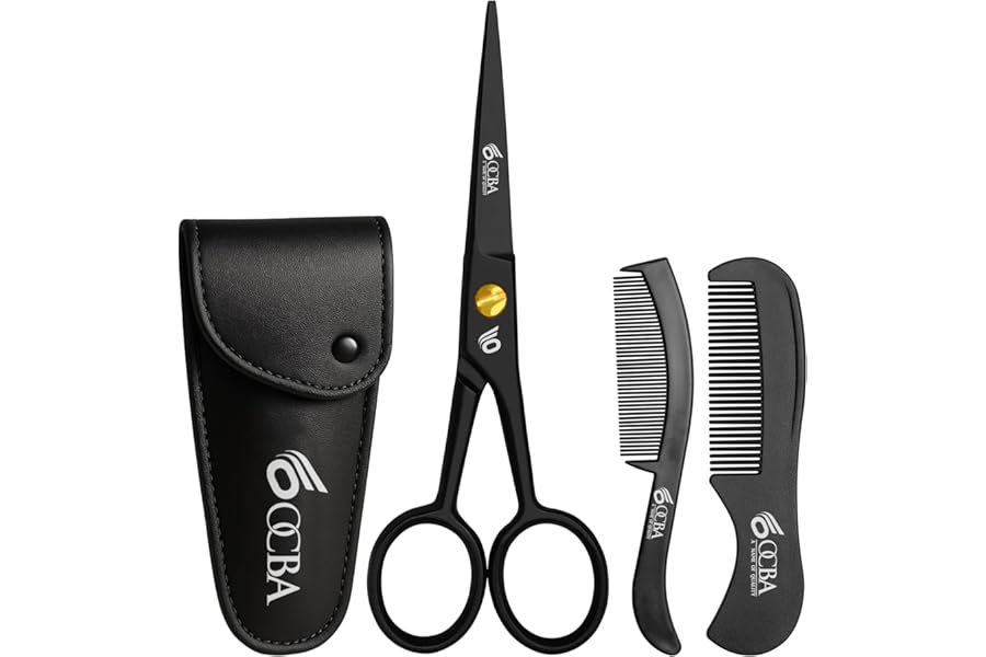 OCBA Beard Scissor Professional Moustache Scissors Ear and Nose Hair Trimming Scissors Stainless Steel, Safety Use for Eyebrows (Black)