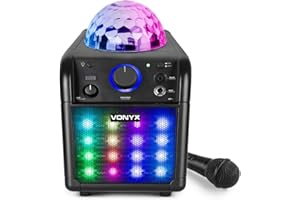 Vonyx SBS50B_Plus Altavoz portátil Set de Karaoke para Fiesta con micrófono y Efecto Eco, Bluetooth, Bola de Discoteca con Efectos de Luces LED y Efectos Luminosos Frontales - Negro