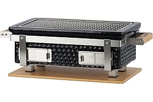 BBQ-Toro Barbecue da tavolo in ceramica con base in legno | 50 x 23 x 17 cm | Barbecue da tavolo Hibachi senza elettricità | nero, mini griglia da tavolo a carbonella, barbecue a carbonella