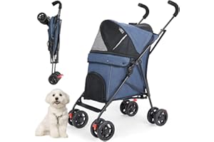Wedyvko Dog Stroller for Small Dogs 10 20 lbs, Foldable Pet Pram Stroller Lightweight 9 lbs, with Double 4-Wheel Shoulder Strap/Storage Basket/Cup Holder, Navy Blue