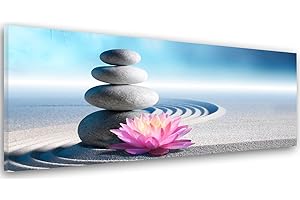 FEEBY FRAMES Feeby Cuadro En Lienzo Piedras Flores Arena Zen 100x40 cm 1 Pieza Modernos Impresión Artística Calidad Fotografica Imagen Decoración de Pared Salon Dormitorio Cocina Oficina Pasillo Púrpura Azul Gris
