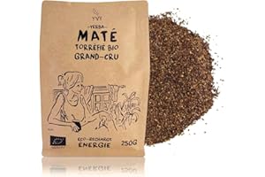 YVY MATÉ Yerba Mate Bio Torréfié Grand Cru 250g | Maté idéal pour remplacer le café | Maté Grand Cru Bio & Non Fumé | Sans Tige | Sans Poussière et Équitable | Boisson Énergisante