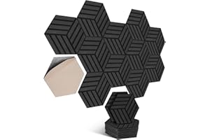 PAAUZOENG Lot de 12 panneaux acoustiques hexagonaux autocollants I Absorbeur acoustique haute densité pour mur, plafond, bois et porte – Panneaux acoustiques 30 x 26 x 0,9 cm, rayures, noir