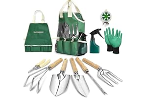 JNUYISW Herramientas de Jardín, 11 Piezas Acero Inoxidable de Uso Pesado Kit Jardineria con Mango de Madera Antideslizante Juego de Jardín con Bolsa de Mano Regalos de Jardín para Hombres y Mujeres