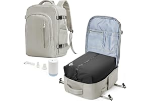 LIVBOTE Sac a Dos de Voyage Cabine Avion sous Vide avec Pompe – Sac de Compression avec Airbag, Port USB, Bagage à Main 45x36x20 Imperméable -Marron