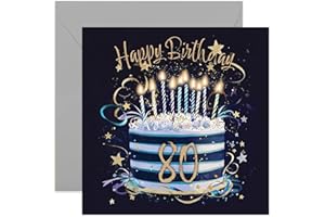 OLD ENGLISH COMPANY Special 80th Birthday Card for Him - Eighty Years Old Birthday Greeting Cards - Navy Blue and Gold Birthday Cake Artwork Birthday Cards for Men - Stylish and Traditional Male Birthday Cards