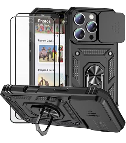 Coque Doeshine Pour IPhone 16 Pro Max – Protection Militaires Avec Cache-Objectif Coulissant, Anneau Rotatif 360° Et Béquille – Noir/Mat