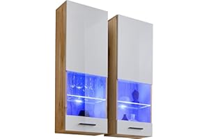 ExtremeFurniture T51 Wall Hanging Cabinets, Carcass in Wotan Matt/Front in White High Gloss + Multicolour LEDs with Remote
