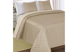 Tagesdecke Steppdecke Bettüberwurf Gesteppte Zweiseitig Tagesdecke mit 2 Kissenbezüge 40x40 cm- (Beige Cappuccino Ecru- 10, 180x220 cm)