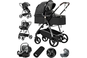 Gcarebb PU Leather 3 in 1 Pushchair, City Strollers with Car Seat, Portable One-Click Folding Walking Stick Stroller, Landscape Combined Strollers High Aluminium Frame