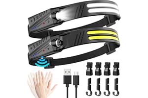 ‎MLIAIMCE Stirnlampe LED Wiederaufladbar,2 Stück 2000 Lumens Superhell 230°Weitwinkel Weiß Licht Kopflampe mit Sensor,1500mAh Akku IPX5 Wasserdicht,0.14lb Leichtgewichtig Stirnlampen für Camping,Joggen,Wandern