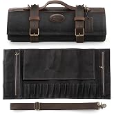 XINZUO Black Knife Bag Professional Case Kitchen Knives | 12 Slots, Waterproof 16oz Waxed Canvas and Leather, Rolling Bag for
