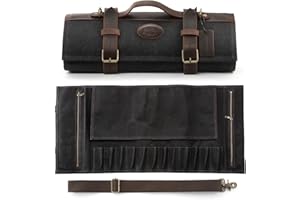 XINZUO Couteau de Chef Roll Sac Noir,12 Emplacements,Toile Cirée Imperméable 16oz et Cuir,Rouleau de Couteaux de Voyage pour Chef, Sac de Rangement Portable pour Couteaux de Cuisine (Pas de Couteau)