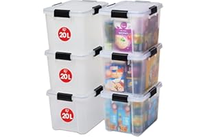 Iris Ohyama, Scatole Portaoggetti Ermetiche in Plastica, 20L, Set di 6, Trasparente, Coperchio Impermeabile, con Chiusura, Impilabile, Per Esterni, Garage, Vestiti, Antipolvere, Senza BPA, AT-SD