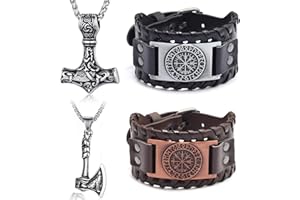 Sternstunde 4 Stück Wikinger Schmuck, Wikinger-Runenkompass-Armschienen & Thors Hammer Halskette Set, MäNner Schmuck Halskette MäNner Wikinger Deko