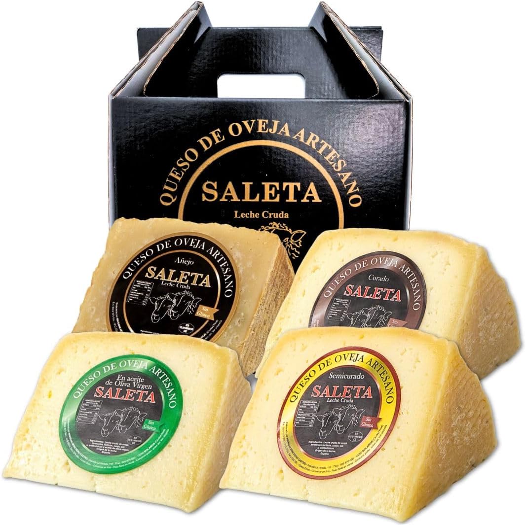 SALETA® Cesta Quesos Gourmet Regalo | Queso Oveja de La Mancha | 4 Cuñas Queso Curado, Semicurado, Añejo y en Aceite de Oliva Virgen Extra | Surtido de quesos "Pack Más Premiados 1Kg"