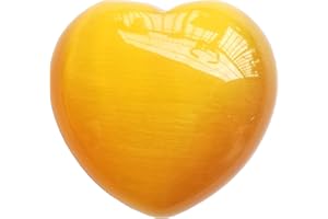 Manekieko Yellow Cat's Eye Stone Palm Worry Carved Heart Love Stone,40mm Crystals and Healing Stones