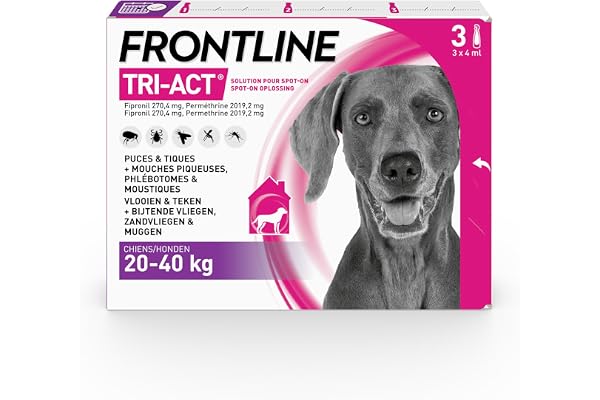 FRONTLINE Tri-Act Chien - Anti Puces, Tiques, Moustiques, Phlébotomes & Mouches - Traitement Radical En 6h - Pour Gros Chien De 20 à 40 kg - Fabriqué En France - 3 Pipettes Application Spot On