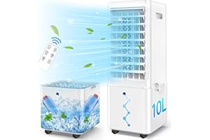GRIKEYO Klimaanlage Mobile Klimagerät Luftkühler mit Wasserkühlung Klimaanlage Ohne Abluftschlauch 65W Ventilator Verdunstungskühler 10L Wassertank 12h Timer 3 Modi Oszillierend Mit Fernbedienung 2 Kühlakku