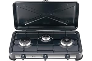 ARDES | AR1FG03 Fornello a Gas da Esterno GPL Cucina a Gas Portatile per Campeggio 3 Fuochi Con Coperchio In Acciaio Verniciato Nero - Classe di efficienza energetica A+++