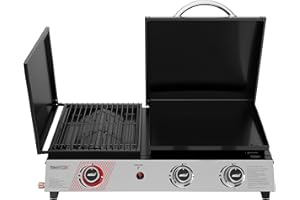 Royal Gourmet 3 Brûleurs Barbecue Gaz Portable, 3 en 1 Plancha et Grille en Émaillés Combinés avec Couvercle Multifonctionnel, Puissance 8.5kW Propane, Adapté pour le Camping et l' Extérieur, Noir