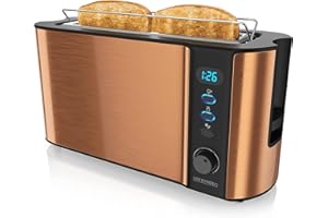 Arendo - Grille-Pain Automatique 2 fentes - Grille pain fente longue – Design Moderne - 1000W - 6 niveaux réglable - fonction décongélation - réchauffe viennoiseries plateau à miettes – Toaster Cuivre