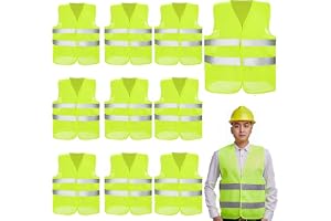 Safety Vests 10 Packs Reflective High Vis Construction Vest Yellow Reflective High Visibility Hi Vis Silver Strip Class 2 Work Vests for Men Women Work Cycling Runner Surveyor Green, XXL