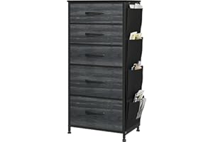 YITAHOME Cajonera de Tela con Bolsillos Laterales, Ganchos,Cómoda de Tela,Unidad de Almacenamiento,con 5 cajones Extraíbles,Cómoda de para Sala de Estar,Dormitorio, Grano de Madera Negro