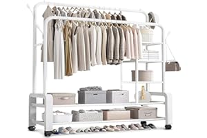 MONKLE - Appendiabiti da terra, Appendiabiti con ruote,stand appendiabiti con 4 strati di stoccaggio sul lato(bianco)