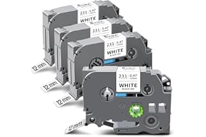 Exsun 4 Pack 12mm 0,47'' Schriftband Kompatibel für Brother TZe-231 TZe231 Tz231 Tzc231 Etikettenband für P-touch PT-H105 H107 E100 D600 H100R H110 H101C H100LB H200 D400 Schwarz auf Weiß