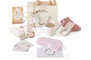 WOODEN TEETHER Cadeau pour bébé fille garçon 9 pièces, kit personnalisé pour maman avec carte de maman, masque pour les yeux, gobelet, carte de vœux, chaussettes, hochet pour bébé, boîte cadeau pour