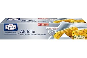 ‎TOPPITS Toppits Alufolie - 1 x 150m extrabreit 44cm, Extra reißfest, Ideal zum Kochen, Grillen & Frischhalten, Premium Qualität für Haushalt und Gastronomie