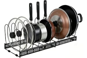SKY-TOUCH Pot and Pan Organizers Rack : Expandable Pot Lid Organizer Holder with 10 Adjustable Compartment Cookware Plate Rack for Kitchen Cabinet Black