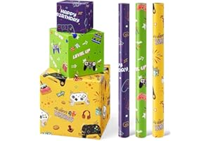WERNNSAI Gaming Wrapping Paper - 3 Rolls 43 x 305cm Birthday Wrapping Paper Kids Boys Gift Wrap Green Yellow Birthday Wrap Paper with Cutting Lines