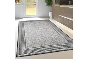 VIVA RUGS Non Slip Rug Kitchen Living Room Fat Weave Check Carpet Small Large Runner Mat (160x225cm - 5'3''x7'4''ft, Grey Black Border)