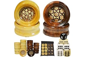 Spielstein- Set für Backgammon, Checkers, Dame, hochwertig aus Holz, Intarsien Design, 32 Steine, Verstärkungswürfel, 3 Würfelset: 10x10-14x14-16x16mm, Höhe: 12mm, Durchmesser: 30mm