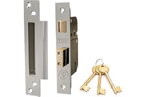 TSS British Standard Mortice Sash Lock Satin Chrome (Silver) 2.5" with 3 Keys and Fixings,Insurance Approved for External Doors, British Standard BS3621:2007