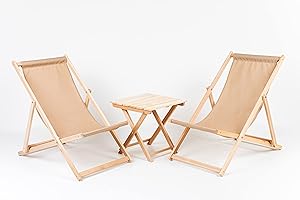 MERINO WOOL 2X Tumbonas + Mesa Tumbonas de Madera, Plegables, con Funda de Tela Intercambiable Hecha de Madera de Haya Tumbona de Exteriores Plegado Sillas Jardín (Beige)