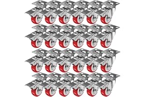 FACTORDUTY 24 Pack 50mm Up to 720KG On Red Polyurethane Castor Wheels Swivel Plate with Brake, No Floor Marks Silent Caster for Furniture - Rubbered Trolley Wheels