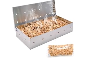 JJYHEHOT BBQ Räucherbox Set, Smokerbox aus Rostfreiem Edelstahl, Räucherbox inkl. Apfel Räucherchips - Smokergrill-Flair für Fleisch, Fisch & Gemüse für Gasgrill Elektrogrill oder Holzkohlegrill