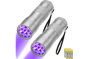 LEAGY 2 Pack 12 LED 395nm Mini UV Flashlights with Batteries - Pet Urine Detector, for Counterfeit Detection, Banknotes, Document Verification etc (Silver)